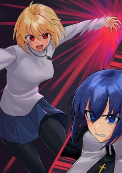 2girls :d ahoge arcueid_brunestud battle black_pantyhose blonde_hair blue_eyes blue_hair blush ciel_(tsukihime) cross cross_necklace fighting floating_hair hair_between_eyes highres incoming_attack jewelry looking_at_viewer multiple_girls nama_cream_croquette necklace nervous_sweating nun open_mouth pantyhose red_eyes short_hair slashing smile sweat sweater tsukihime tsukihime_(remake) tunic turtleneck turtleneck_sweater white_sweater wing_collar