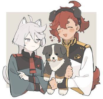 2girls ahoge animal asticassia_school_uniform bad_id bad_twitter_id black_hairband border cat_girl cat_tail closed_eyes closed_mouth dog dog_girl dog_tail extra_ears female_focus grey_eyes grey_hair gundam gundam_suisei_no_majo hairband hamu_(hamusand) heart highres holding holding_animal jewelry kemonomimi_mode long_hair long_sleeves looking_at_another miorine_rembran multiple_girls open_mouth outside_border red_hair ring school_uniform simple_background smile suletta_mercury tail thick_eyebrows tongue tongue_out upper_body wedding_ring white_border wife_and_wife