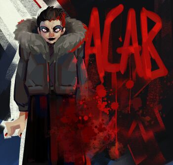 Rule 34 | 1girl, black eyeshadow, black hair, black jacket, black lips, blood, blood splatter, cindy the skull (disco elysium), constricted pupils, disco elysium, eyeshadow, facing viewer, fake blood, feet out of frame, full body, fur collar, hand up, hashtag-only commentary, jacket, looking at viewer, makeup, paint, red eyes, shiroshark, short hair, smirk, solo