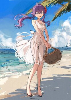 1girl ahoge basket bikini blue_eyes blue_sky breasts cloud commentary_request day dress floating_hair full_body gakuen_idolmaster highres holding holding_basket idolmaster kaya_rinha long_hair looking_at_viewer medium_breasts nyome991 palm_tree purple_hair see-through_clothes see-through_dress sketch sky solo standing swimsuit tree twintails white_bikini white_dress