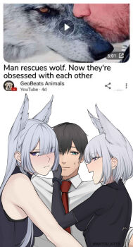 1boy 2girls absurdres ak-15_(girls'_frontline) animal_ears commander_(girls'_frontline) girls'_frontline grey_hair hair_over_one_eye highres matsu_arts meme multiple_girls necktie photo_inset purple_eyes rpk-16_(girls'_frontline) upper_body wolf wolf_ears wolf_girl youtube