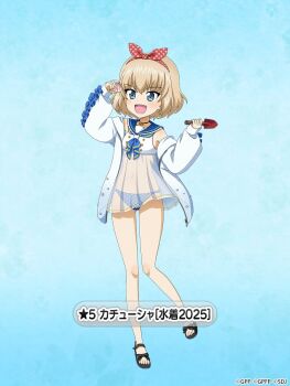 Rule 34 | 1girl, ascot, bikini, black sandals, blonde hair, blue ascot, blue background, blue bikini, blue eyes, blue sailor collar, blush, character name, choker, dress, dress swimsuit, fang, full body, girls und panzer, girls und panzer senshadou daisakusen!, gluteal fold, gradient background, hairband, holding, holding seashell, holding trowel, jacket, katyusha (girls und panzer), legs, long sleeves, looking at object, navel, off shoulder, official art, open mouth, pleated dress, polka dot, polka dot bikini, sailor collar, sandals, scallop, see-through clothes, see-through dress, short hair, smile, standing, standing on one leg, swimsuit, thighs, translated, trowel, white dress, white jacket