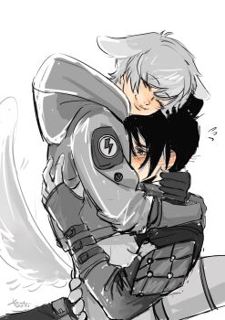2girls ^_^ animal_ears animification apex_legends black_eyes black_hair blush bodysuit breasts closed_eyes dated dog_ears dog_girl dog_tail edensen_(yuzee0000) face_piercing gloves grey_hair hair_behind_ear highres hood hood_down hooded_jacket hug jacket kemonomimi_mode medium_breasts multiple_girls nose_piercing parted_lips piercing pink_lips short_hair signature simple_background spot_color surprised sweatdrop tail wattson_(apex_legends) white_background wraith_(apex_legends) yuri