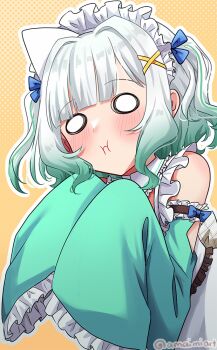 0_0 1girl amaimi bare_shoulders blank_eyes blunt_bangs blush bow commentary_request detached_collar detached_sleeves dress frilled_sleeves frills gradient_hair green_dress green_hair hair_bow hair_intakes hair_ornament indie_virtual_youtuber long_sleeves looking_at_viewer maid maid_headdress medium_hair mint_fantome mint_fantome_(minto_2.0) multicolored_hair pout sidelocks sleeve_garter sleeves_past_fingers sleeves_past_wrists solo triangular_headpiece twitter_username two-tone_hair two_side_up upper_body virtual_youtuber white_hair wide_sleeves x_hair_ornament yellow_background