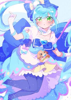 1girl :o absurdres animal apron asymmetrical_skirt blue_background blue_boots blue_bow blue_bowtie blue_choker blue_hair blue_pantyhose blue_skirt blue_theme blue_veil boots border bow bow_apron bowtie braid braided_hair_rings brooch burger choker collarbone commentary_request cure_spicy delicious_party_precure dog earrings expressionless eyelashes feet_out_of_frame food food-themed_bag footwear_bow fork frilled_choker frilled_gloves frilled_skirt frills fuwa_kokone gloves green_eyes hair_bow hair_ornament hair_rings heart heart_background heart_brooch high-waist_skirt high_side_ponytail highres jewelry jumping large_bow layered_skirt light_blush light_particles long_hair looking_at_viewer loose_hair_strand magical_girl medium_skirt miniskirt mismatched_earrings multicolored_hair outside_border pam-pam pantyhose parted_lips pleated_skirt precure puffy_short_sleeves puffy_sleeves purple_bow purple_hair purple_skirt serizawa_serizane shirt short_sleeves single_hair_ring skirt sphere_hair_ornament spoon square_neckline streaked_hair tsurime two-sided_fabric two-sided_skirt two-tone_hair veil very_long_hair waist_apron waist_bag white_apron white_border white_gloves white_shirt yellow_skirt