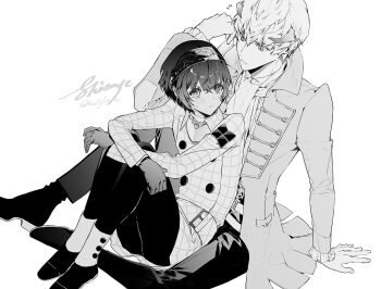 Rule 34 | 2boys, arm on knee, arm support, arm up, belt, closed mouth, coat, elbow on knee, eye contact, eyelashes, frilled sleeves, frills, frown, greyscale, hairband, invisible chair, lapels, long sleeves, looking at another, male focus, metal hairband, metaphor: refantazio, monochrome, multiple boys, nuisinu, pants, patterned clothing, protagonist (metaphor: refantazio), shoes, short hair, signature, simple background, sitting, strohl (metaphor: refantazio), white background