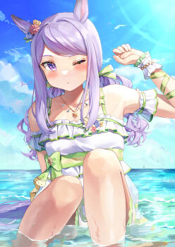 Rule 34 | 1girl, absurdres, animal ears, bare shoulders, beach, blue sky, blush, bracelet, breasts, closed mouth, collarbone, commentary request, dress, dress swimsuit, ear flower, ear wreath, flower bracelet, hair ornament, highres, horse ears, horse girl, horse tail, jewelry, long hair, looking at viewer, mejiro mcqueen (ripple fairlady) (umamusume), mejiro mcqueen (umamusume), necklace, ocean, official alternate costume, one eye closed, outdoors, partially submerged, purple eyes, purple hair, sitting, sky, small breasts, solo, swimsuit, tail, umamusume, water, yoru usagi