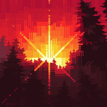 algixmc commentary english_commentary evening forest gradient_sky horizon light_rays nature no_humans orange_sky original outdoors pine_tree pixel_art red_sky red_theme scenery shadow sky sky_focus sun sunlight sunset tree warm_colored
