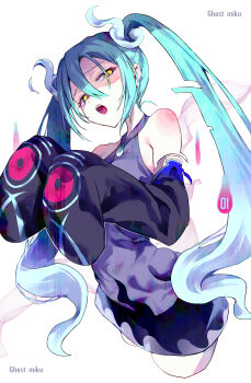 1girl absurdres aqua_hair bare_shoulders character_name commentary detached_sleeves ghost ghost_miku_(project_voltage) glitch gradient_hair grey_shirt hair_between_eyes hatsune_miku highres long_hair looking_at_viewer multicolored_hair nintendo open_mouth pokemon project_voltage see-through_clothes see-through_skirt shikuwata shirt skirt sleeves_past_fingers sleeves_past_wrists solo twintails very_long_hair vocaloid will-o&#039;-the-wisp_(mythology) yellow_eyes