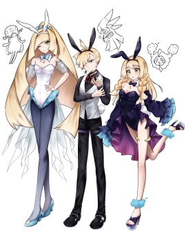 1boy 2girls alternate_costume alternate_hairstyle animal_ear_hairband animal_ears big_hair black_pants black_pantyhose black_shirt blonde_hair blue_bow blue_shoes blunt_ends blush bow breasts brother_and_sister cleavage closed_mouth commentary_request cosmog detached_collar detached_sleeves fake_animal_ears gen_7_pokemon gladion_(pokemon) green_eyes hair_over_one_eye hairband halloween_costume hand_on_own_hip high_heels high_ponytail highres legendary_pokemon leotard lillie_(pokemon) long_hair looking_at_viewer lusamine_(pokemon) male_playboy_bunny mother_and_daughter mother_and_son multiple_girls nihilego nintendo one_eye_closed pants pantyhose playboy_bunny pokemon pokemon_(creature) pokemon_sm ponytail rabbit_ear_hairband rabbit_ears red_bow shirt shoes siblings silvally simple_background sino_(pcxg4558) small_breasts smile standing standing_on_one_leg strapless strapless_leotard ultra_beast very_long_hair white_background white_leotard