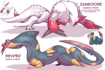 absurdres claws colored_sclera fangs gen_3_pokemon highres lluisabadias monster monster_hunter_(series) nintendo no_humans pokemon pokemon_(creature) red_eyes seviper simple_background tail tail_blade white_fur zangoose