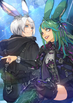 Rule 34 | 1boy, 1girl, absurdres, black thighhighs, blue eyes, blue hair, commentary request, commission, final fantasy, final fantasy xiv, green hair, grey eyes, grey hair, heterochromia, hide (hideout), highres, hood, hooded jacket, jacket, long hair, multicolored hair, open clothes, open jacket, purple eyes, short hair, sitting, skeb commission, streaked hair, thighhighs, viera, warrior of light (ff14)