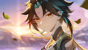 1boy absurdres bead_necklace beads black_hair chinese_commentary closed_mouth commentary_request facial_mark forehead_mark genshin_impact green_hair highres jewelry light_smile limaomao looking_at_viewer male_focus mandarin_collar multicolored_hair necklace outdoors shoulder_spikes solo spikes sun sunrise two-tone_hair xiao_(genshin_impact) yellow_eyes