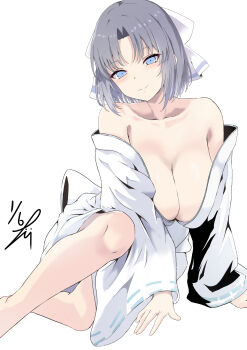 1girl absurdres bare_shoulders blue_eyes bow breasts cleavage collarbone commentary_request grey_hair hair_bow highres japanese_clothes kimono large_breasts looking_at_viewer medium_hair off_shoulder senran_kagura smile solo takumi_munato white_bow white_kimono yumi_(senran_kagura)