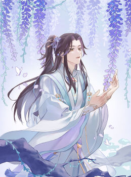1boy aqua_vest brown_eyes brown_hair bug butterfly chinese_clothes chinese_commentary cowboy_shot curtained_hair flower hair_flower hair_ornament hair_ribbon half_updo hands_up hanfu hua_yi_shanxin_zhiyue insect long_hair long_sleeves looking_at_flowers male_focus mandarin_collar parted_bangs parted_lips plant ponytail purple_flower purple_ribbon purple_sleeves ribbon see-through_clothes see-through_shawl shawl shirt sidelocks solo standing the_prince_(hua_yi_shanxin_zhiyue) tree uka_(azraeluka) vest vines white_butterfly white_hanfu white_shawl white_shirt wide_sleeves wisteria yuanlingpao