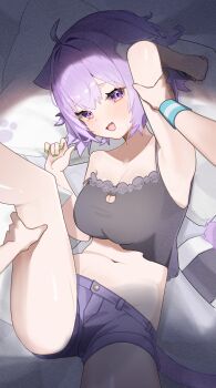 1girl 1other absurdres ahoge animal_ear_fluff animal_ears black_camisole breasts camisole cat_cutout cat_ears cat_girl cat_tail cleavage clothing_cutout fang highres hololive large_breasts leg_up looking_at_viewer medium_hair navel nekomata_okayu nekomata_okayu_(membership) official_alternate_costume purple_eyes purple_hair purple_shorts ru_spring shorts skin_fang smile solo tail virtual_youtuber