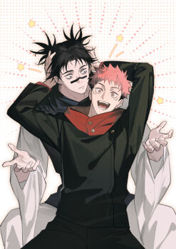 Rule 34 | 2boys, black hair, black jacket, black pants, brothers, choso (jujutsu kaisen), closed mouth, facial mark, hands on another's head, happy, highres, hood, hood down, hoodie, itadori yuuji, jacket, jujutsu kaisen, jujutsu tech uniform, looking at another, looking at viewer, male focus, multicolored hair, multiple boys, open mouth, pants, pink hair, polka dot, polka dot background, red hoodie, robe, short hair, short twintails, siblings, surprised, teeth, twintails, two-tone hair, undercut, white robe, yellow eyes, yunkai