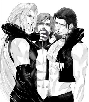 3boys abs absurdres angeal_hewley apple arm_around_shoulder bare_shoulders beard black_choker black_gloves black_hair black_pants black_shirt chest_hair chinstrap_beard choker crisis_core_final_fantasy_vii elbow_gloves facial_hair final_fantasy final_fantasy_vii fingerless_gloves food fruit genesis_rhapsodos gloves grey_hair greyscale hair_between_eyes highres holding holding_food holding_fruit long_hair looking_at_viewer male_focus male_pubic_hair midriff monochrome multiple_boys muscular muscular_male pants parted_bangs parted_lips pectorals pubic_hair sephiroth shirt short_hair shyuuwei sideburns sleeveless sleeveless_turtleneck topless_male turtleneck white_background yaoi