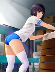 Rule 34 | 1girl, ass, black hair, blue buruma, blue eyes, blurry, blurry background, buruma, closed mouth, commentary request, depth of field, feet out of frame, gym shirt, gym uniform, highres, indoors, nonaka ritsu, original, panties, panties under pantyhose, pantyhose, shirt, short sleeves, solo, standing, thighhighs, underwear, vaulting horse, white panties, white shirt, white thighhighs