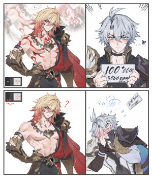 2boys antenna_hair arm_tattoo armlet armor black_choker black_coat black_gloves black_shirt blonde_hair blue_cape blue_eyes braid cape chest_tattoo choker clawed_gauntlets coat commentary_request earrings facial_tattoo fingerless_gloves gloves gold_earrings gold_necklace gradient_hair highres honkai:_star_rail honkai_(series) jewelry korean_commentary male_focus medium_hair multicolored_hair multiple_boys mydei_(honkai:_star_rail) neck_tattoo necklace open_clothes open_coat parted_bangs pauldrons phainon_(honkai:_star_rail) qel red_hair red_tattoo shirt short_hair shoulder_armor side_braid single_glove single_pauldron sun_symbol sun_tattoo tan tattoo white_coat white_hair yaoi yellow_eyes