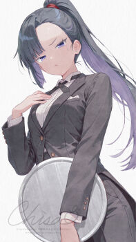 1girl :< alternate_costume alternate_hairstyle black_hair breasts butler chisamikan closed_mouth commentary_request cowboy_shot eunhwa_(nikke) female_butler goddess_of_victory:_nikke hair_tie hand_up highres holding holding_tray long_hair long_sleeves medium_breasts partially_unbuttoned ponytail signature simple_background single_sidelock solo standing sweatdrop tray very_long_hair watermark white_background