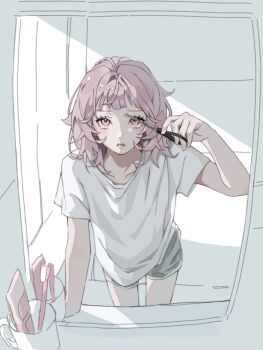 1girl cup dolphin_shorts highres holding holding_scissors indie_utaite indoors makisaya mirror mug nqrse pink_eyes pink_hair pink_lips reflection scissors shirt short_hair shorts solo toothbrush toothpaste utaite white_shirt