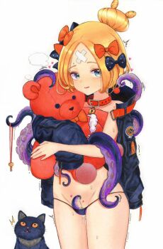 1girl abigail_williams_(fate) bacon_williams bandaid bandaid_on_face bandaid_on_forehead bikini black_bikini black_bow black_jacket blonde_hair blue_eyes blush bow cat collar fate/grand_order fate_(series) hair_bow hair_bun highres holding holding_stuffed_toy jacket loli looking_at_viewer micro_bikini open_clothes open_jacket orange_bow pussy_juice red_collar simple_background smile solo stuffed_animal stuffed_toy sweat swimsuit teddy_bear tentacles tentacles_under_clothes traditional_media white_background