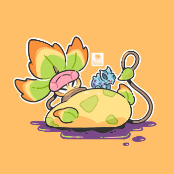 acid buck_teeth colored_skin gen_1_pokemon highres horns mega_pokemon mega_victreebel nidoran nidoran_(female) nintendo no_humans orange_background petite_echorizon plant plant_monster pokemon pokemon_(creature) pokemon_focus single_horn spotted_skin teeth victreebel vines yellow_skin