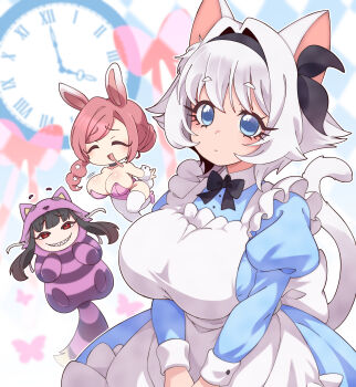 3girls :< ^_^ absurdres alice's_adventures_in_wonderland alice_(alice_in_wonderland) alice_(alice_in_wonderland)_(cosplay) animal_costume animal_ears apron baio_rin black_hair black_hairband blue_dress blue_hair breasts cat_costume cat_ears cat_girl cat_tail cheshire_cat_(alice_in_wonderland) cheshire_cat_(alice_in_wonderland)_(cosplay) chibi cleavage closed_eyes closed_mouth commentary cosplay dress drooling erigo female_focus frilled_apron frills grin hair_bun hairband hanazono_hahari highres huge_breasts juliet_sleeves kimi_no_koto_ga_dai_dai_dai_dai_daisuki_na_100-nin_no_kanojo large_breasts leotard long_hair long_single_sidelock long_sleeves looking_at_viewer mature_female mouth_drool multiple_girls nekonari_tama pink_hair pink_leotard playboy_bunny puffy_sleeves rabbit_ears rabbit_tail red_eyes sharp_teeth short_hair smile strapless strapless_leotard tail teeth thighhighs v_arms watch white_hair white_thighhighs wrist_cuffs
