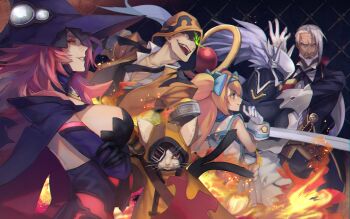 Rule 34 | 2girls, 3boys, ahoge, akilico, animal ears, blazblue, blonde hair, breasts, cat ears, cat tail, green eyes, grey hair, hakumen, hat, highres, jubei (blazblue), konoe a. mercury, large breasts, long hair, multiple boys, multiple girls, pink hair, platinum the trinity, red eyes, tail, twintails, valkenhayn r hellsing, witch hat, yellow eyes, yuuki terumi