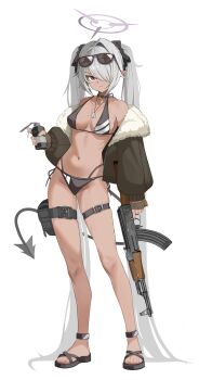 1girl absurdly_long_hair absurdres ak-47 assault_rifle bikini black_bikini black_tail blue_archive breasts commentary_request dark-skinned_female dark_skin demon_tail dog_tags eyewear_on_head grey_hair gun hair_over_one_eye hair_ribbon halo highres holding holding_gun holding_weapon iori_(blue_archive) iori_(swimsuit)_(blue_archive) jacket kalashnikov_rifle korean_commentary long_hair looking_at_viewer medium_breasts multi-strapped_bikini_bottom navel off_shoulder official_alternate_costume open_clothes open_jacket pointy_ears purple_halo red_eyes revision ribbon rifle sandals simple_background solo sunglasses swimsuit tail thigh_strap transparent_background twintails very_long_hair weapon white_background zi0807