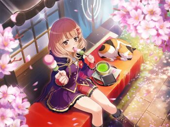 1girl building cat cherry_blossoms dango eating food game_cg hair_ornament hairclip holding holding_food jacket long_sleeves looking_at_viewer medium_hair official_art open_mouth purple_jacket purple_skirt red_eyes shoujo_kageki_revue_starlight shoujo_kageki_revue_starlight_-re_live- sitting skirt solo tanaka_yuyuko upper_body wagashi