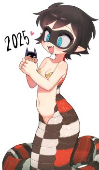 1boy 1girl 2025 batman batman_(series) black_hair blue_eyes breasts chinese_zodiac dc_comics domino_mask eye_mask fangs highres kojirou_(mesurf1) lamia mask monster_girl navel pointy_ears robin_(batrobin_k) robin_(dc) short_hair simple_background small_breasts snake_girl white_background year_of_the_snake