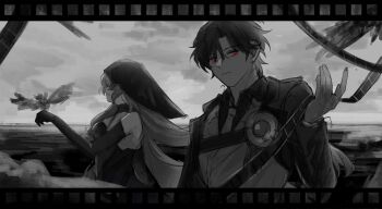 1boy 1girl bird black_swan_(honkai:_star_rail) blurry blurry_background breasts commentary detached_sleeves english_commentary film_strip frown highres honkai:_star_rail honkai_(series) jacket long_hair looking_to_the_side makisa_(wim) medium_breasts mr._reca_(honkai:_star_rail) outdoors red_eyes short_hair sketch spoilers spot_color trait_connection upper_body veil