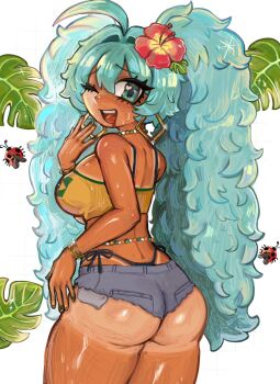 1girl aqua_eyes aqua_hair ass back bead_necklace beads black_panties bracelet brazilian_flag brazilian_miku breasts bug commentary drooling earrings english_commentary flower from_behind grey_shorts hair_flower hair_ornament hand_up hatsune_miku highres insect jewelry ladybug large_breasts leaf long_hair looking_at_viewer multicolored_nails multiple_bracelets necklace one_eye_closed open_mouth panties plushvampy puffy_hair red_flower shirt shorts tan tanline teeth thighs twintails underwear upper_teeth_only vocaloid white_background yellow_shirt