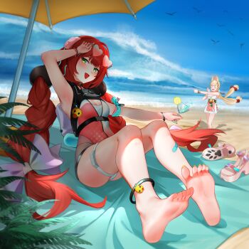 2girls absurdres alice_thymefield alice_thymefield_(sea_of_thyme) animal_ears barefoot beach beach_towel beach_umbrella blonde_hair blue_sky braid braided_twintails breasts camera camera_around_neck cleavage commentary_request cup day drinking_glass eyewear_on_head feet food fruit green_eyes hair_ornament hand_on_own_head heart heart-shaped_eyewear highres holding holding_cup jiuquan_huanxiang_zhi_ge lemon lemon_slice long_hair multiple_girls o_o ocean official_alternate_costume one-piece_swimsuit outdoors pink_one-piece_swimsuit rabbit_ears rabbit_girl red_hair sand scared sitting sky smile sphere_hair_ornament standing swimsuit thigh_strap towel twintails two-tone_one-piece_swimsuit ukinami_yuzuha ukinami_yuzuha_(tanuki_in_broad_daylight) umbrella very_long_hair water waves white_one-piece_swimsuit worried zenless_zone_zero