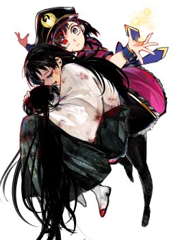 1boy 1girl black_hair black_hat cradling_head crying dress dual_persona fate/grand_order fate_(series) grey_eyes hat heterochromia highres japanese_clothes kuriimu0203 long_hair mysterious_ranmaru_x_(fate) oda_nobunaga_(fate) peaked_cap ponytail purple_dress short_hair short_sleeves skull wrist_cuffs