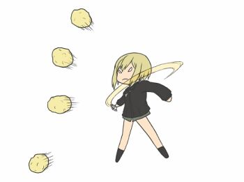 1girl animated animated_gif blonde_hair erica_hartmann female_focus fork military military_uniform potato short_hair solo strike_witches throwing world_witches_series