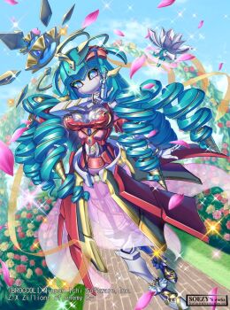 Rule 34 | 1girl, ankle garter, aqua hair, arch, artist name, blue gem, blue sclera, breasts, colored sclera, commentary request, copyright notice, crown, day, dress, drill, drill hair, falling petals, floating, floating headgear, floating object, floral arch, flower, full body, gem, grass, hair between eyes, hair flaps, hair flower, hair ornament, halo, headgear, highres, humanoid robot, joints, large breasts, mechanical flower, mechanical hair, metal hair, no mouth, official art, ojou-sama pose, outdoors, pavement, petals, pink dress, pink flower, pink petals, pink rose, purple eyes, red dress, red flower, red rose, robot, robot girl, robot joints, rose, rose bush, see-through body, see-through cleavage, see-through clothes, see-through dress, soezy, sparkle, standing, too literal, two-tone dress, yellow flower, yellow halo, yellow rose, z/x