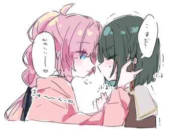 2girls anyoji_hime asakura_asa blue_eyes blush braid brown_shirt closed_eyes closed_mouth commentary green_hair hand_in_another's_hair hasu_no_sora_school_uniform highres hood hoodie link!_like!_love_live! looking_at_another love_live! momose_ginko multiple_girls pink_hair pink_hoodie sailor_collar school_uniform shirt short_hair simple_background single_braid speech_bubble sweat thought_bubble translation_request white_background white_sailor_collar yuri