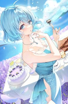 Rule 34 | 1girl, ahoge, bare arms, bare shoulders, blue dress, blue eyes, blue gem, blue hair, blue nails, blue sky, breasts, cake, candle, check copyright, cleavage, closed mouth, cloud, commentary, copyright request, cup, day, dessert, dress, drinking glass, dutch angle, eating, falling petals, finger to mouth, flower, food, fork, gem, glint, hair between eyes, hands up, highres, holding, holding fork, jewelry, large breasts, lens flare, light particles, looking at viewer, mountainous horizon, nail polish, necklace, ocean, off-shoulder dress, off shoulder, original, outdoors, petals, pine (angel4195202), purple flower, purple petals, short hair, side slit, sky, solo, standing, steak, strapless, strapless dress, table, water