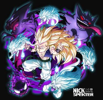 5boys abs black_background black_sash black_vest blonde_hair crossover dragon_ball dragonball_z gastly gen_1_pokemon gengar ghost gotenks green_eyes group_picture haunter highres long_hair male_focus multiple_boys muscular muscular_male nickelespektro nintendo no_eyebrows no_shirt pants pokemon pokemon_(creature) sash spiked_hair super_saiyan super_saiyan_3 tongue tongue_out vest white_pants