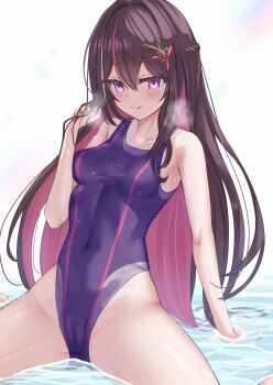 1girl absurdres arm_support azki_(hololive) braid breath colored_inner_hair commentary_request covered_navel hair_between_eyes highleg highres hololive huziiro_matutya licking_lips long_hair looking_at_viewer multicolored_hair one-piece_swimsuit solo spread_legs streaked_hair swimsuit tongue tongue_out wet