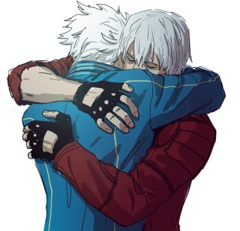 2boys black_gloves blue_coat brothers closed_eyes coat dante_(devil_may_cry) devil_may_cry devil_may_cry_(series) devil_may_cry_3 donlemefo fingerless_gloves gloves hair_between_eyes hair_slicked_back highres hug long_sleeves male_focus multiple_boys mutual_hug red_coat short_hair siblings simple_background twins vergil_(devil_may_cry) white_background white_hair