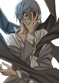 1boy alternate_hair_color code_geass geass glowing glowing_eye grey_hair grey_jacket heterochromia highres jacket kudou_masashi lelouch_vi_britannia male_focus partially_unbuttoned purple_eyes red_eyes shirt smile solo upper_body v-shaped_eyebrows white_shirt