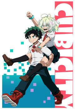 1boy 1girl black_hair boku_no_hero_academia bright_pupils carrying collared_shirt colored_eyelashes commentary commission english_commentary freckles green_eyes green_hair green_pants green_skirt hagakure_toru highres kneehighs krumbs_(dailykrumbs) medium_hair messy_hair multicolored_eyes multicolored_hair necktie open_mouth pants piggyback pink_streaks pleated_skirt red_necktie red_shoes scar scar_on_arm scar_on_face school_uniform second-party_source shirt shirt_tucked_in shoes skirt smile socks streaked_hair thick_eyelashes u.a._school_uniform white_pupils white_shirt