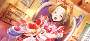 1girl ^_^ apron arms_up artist_request bag blurry blurry_background blush bokeh bookshelf bow bowtie brown_hair candy chair chocolate chocolate_heart closed_eyes code_geass code_geass:_lost_stories collarbone cupping_hands day depth_of_field dutch_angle facing_viewer female_focus flat_chest flower food forehead frilled_apron frilled_wristband frills fruit game_cg hair_bow hair_intakes happy heart high_ponytail highres holding holding_food indoors light_blush light_particles long_hair maid_apron non-web_source nunnally_vi_britannia official_art on_chair open_mouth outstretched_arms own_hands_together pink_shirt plaid_bow plastic_bag ponytail powered_wheelchair puffy_short_sleeves puffy_sleeves red_bow red_bowtie shirt short_sleeves sitting smile solo sparkle strawberry tiered_tray valentine wheelchair white_apron white_flower window