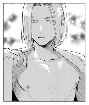 1boy abs bishounen commentary_request expressionless ferdinand_(honzuki_no_gekokujou) greyscale highres hitsuki_(hiidukii) honzuki_no_gekokujou light_frown male_focus medium_hair monochrome open_clothes open_shirt solo toned toned_male upper_body