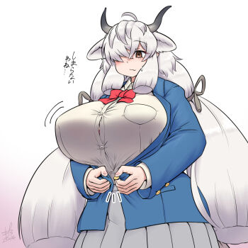 1girl blue_jacket blush bow bowtie breasts brown_eyes bursting_breasts button_gap collared_shirt commentary cowboy_shot extra_ears grey_skirt hair_between_eyes highres huge_breasts inconvenient_breasts jacket kemono_friends kemono_friends_3 long_hair long_sleeves looking_at_viewer mo23 official_alternate_costume cow_ears cow_girl cow_horns pleated_skirt red_bow red_bowtie school_uniform shirt skirt solo translated twintails undersized_clothes white_hair white_shirt yak_(kemono_friends)
