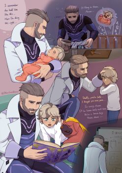 2boys absurdres arven_(pokemon) baby beard book brown_eyes child commentary cradling crib crying english_commentary english_text facial_hair gen_2_pokemon green_eyes highres jmarsswordsman lab_coat long_sleeves male_focus maschiff miltank mittens multicolored_hair multiple_boys multiple_views nintendo on_one_knee open_book pacifier photo_(object) pokemon pokemon_sv reading shirt speech_bubble spoken_character streaked_hair thought_bubble professor_turo twitter_username white_shirt whiteboard